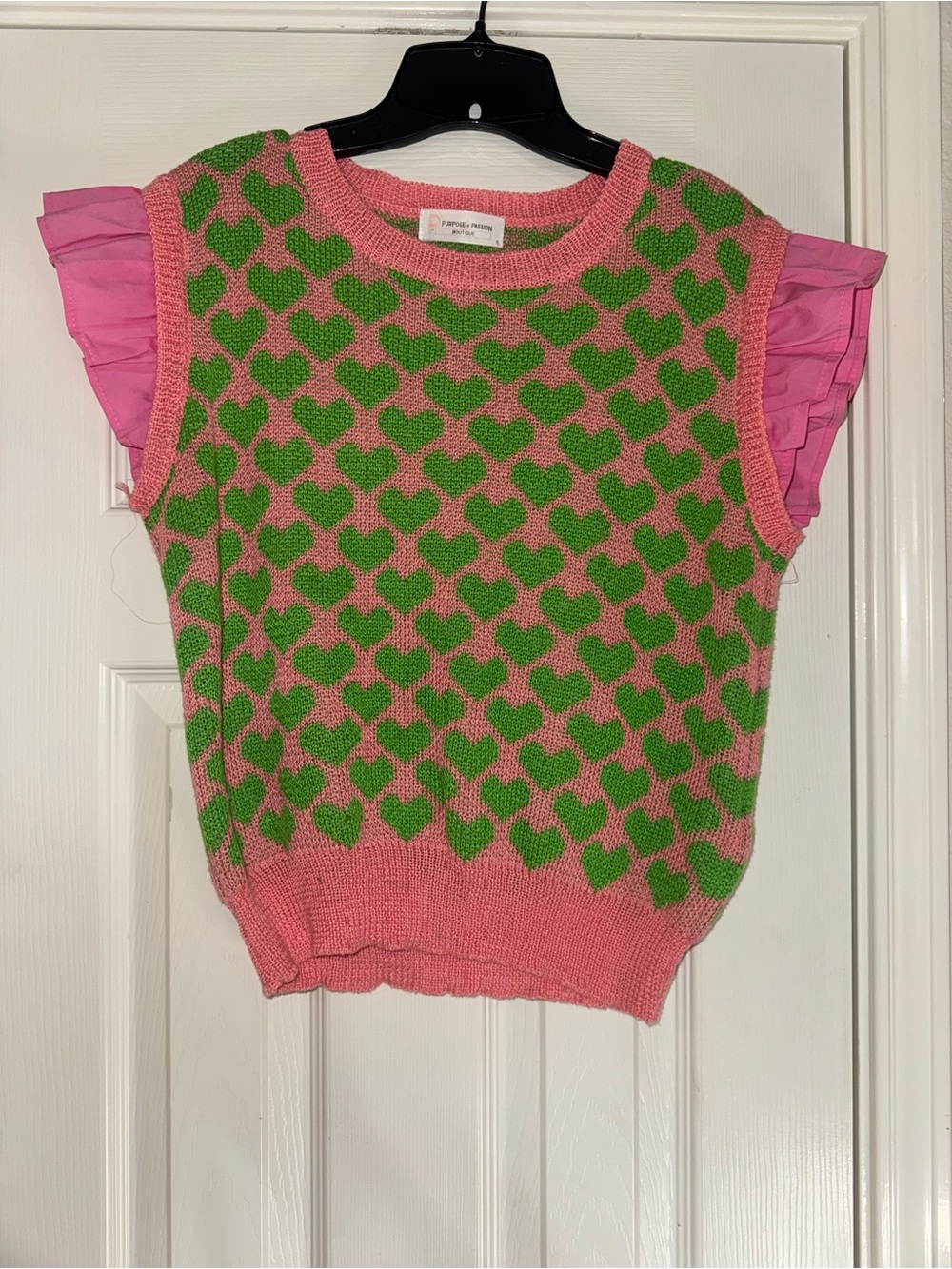 Pink & Green Heart Knit Tank Top with Pink Ruffle Sleeves